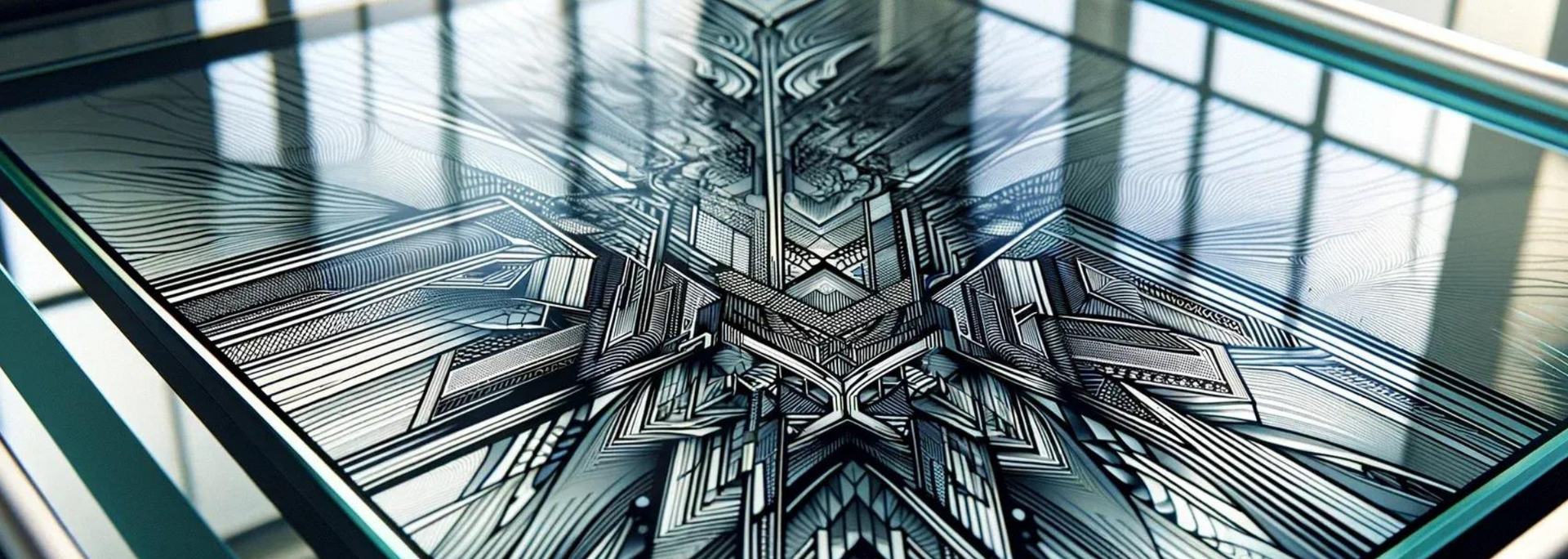 Abstract, intricate metallic design on a reflective glass surface, with window reflections in the background.