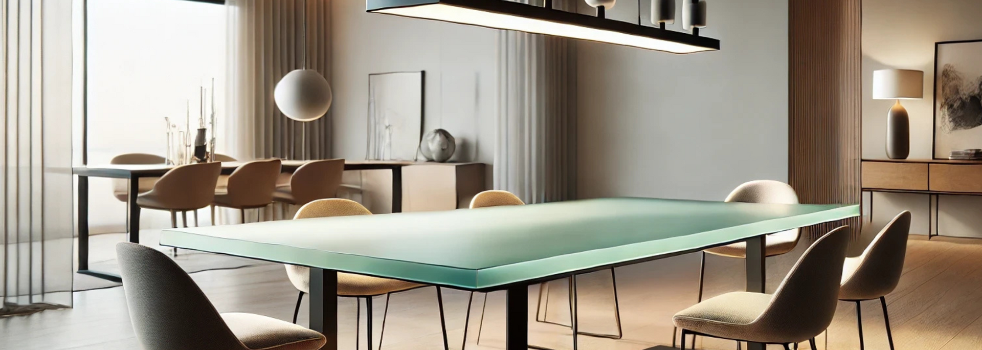 A modern dining room with two tables, chairs, and lighting. Neutral tones and elegant decor.