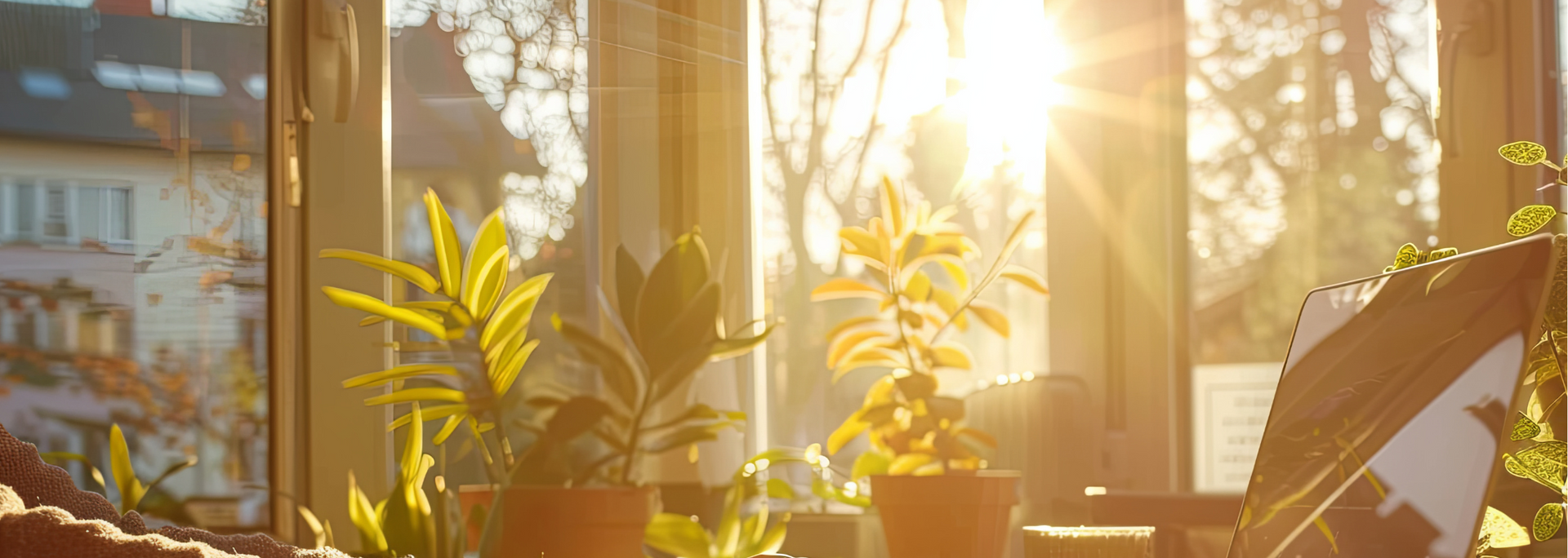 Plants in terracotta pots sit in front of a sunny window. Bright sunlight illuminates the room, and a building can be seen outside.