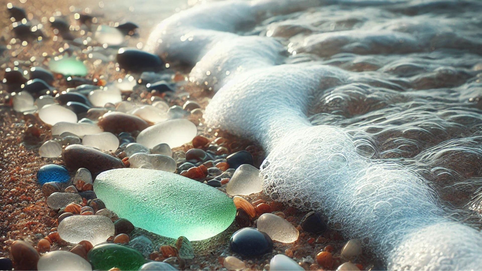 Sea glass on a sandy beach, with white foamy wave. Green, blue, and clear glass pieces.