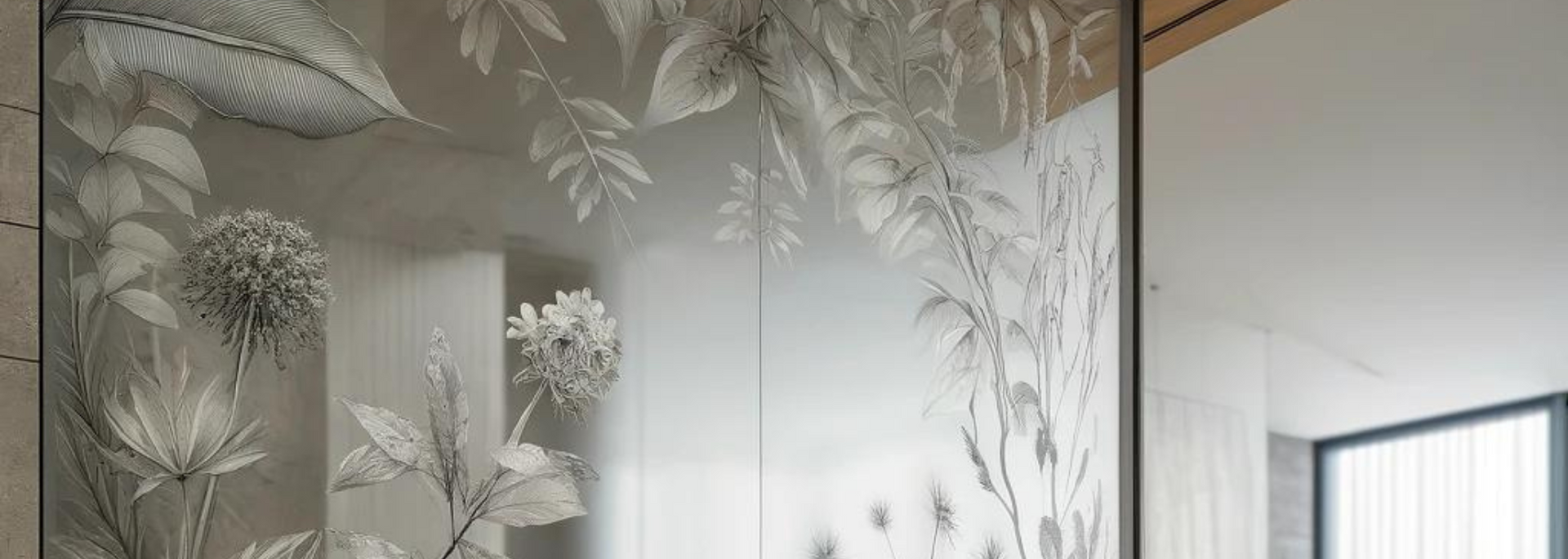 Frosted glass panel with etched floral and foliage design. Interior view with light and reflection.