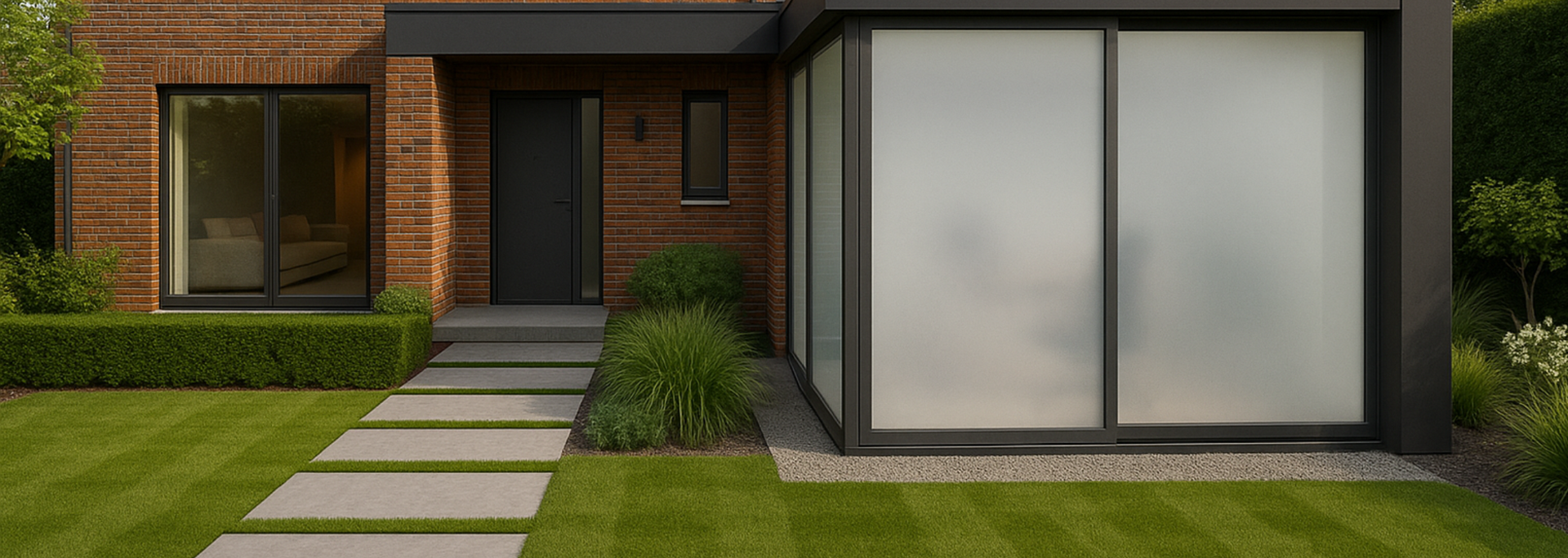 Modern brick home with a pathway leading to the front door. Frosted glass windows and green lawn.