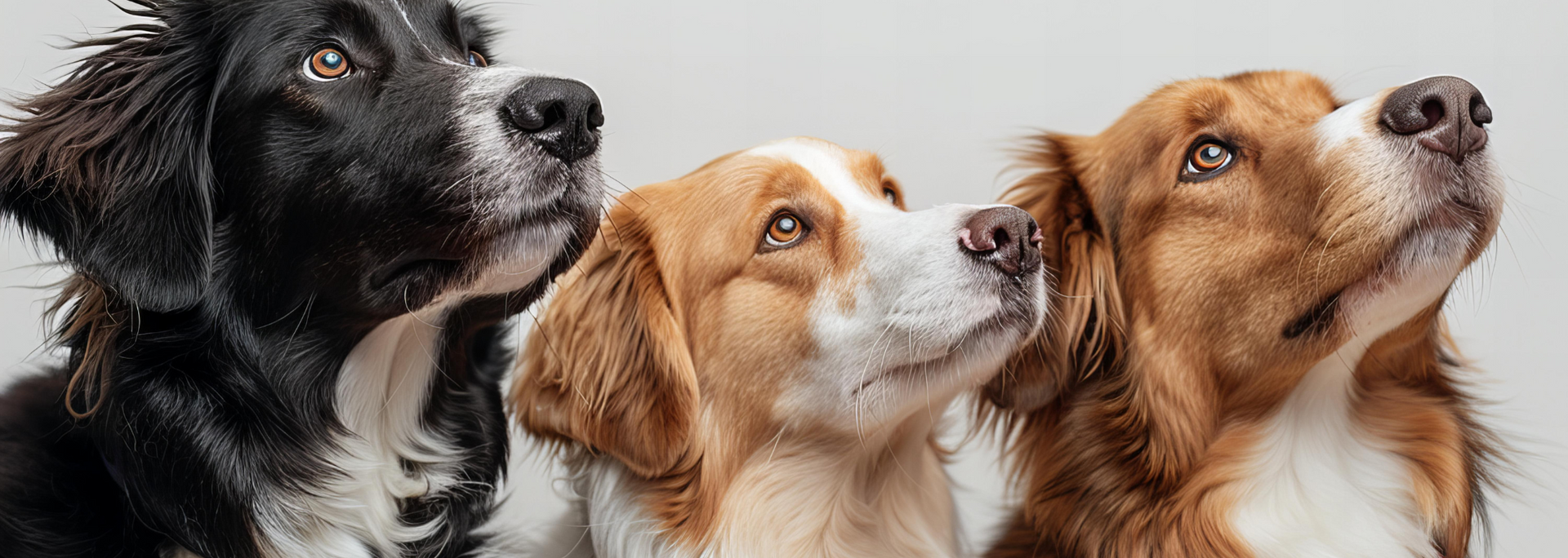 Three dogs of different colors looking up with curiosity.