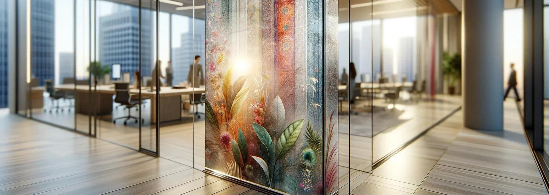 Modern office interior with glass walls, artwork, and people walking.