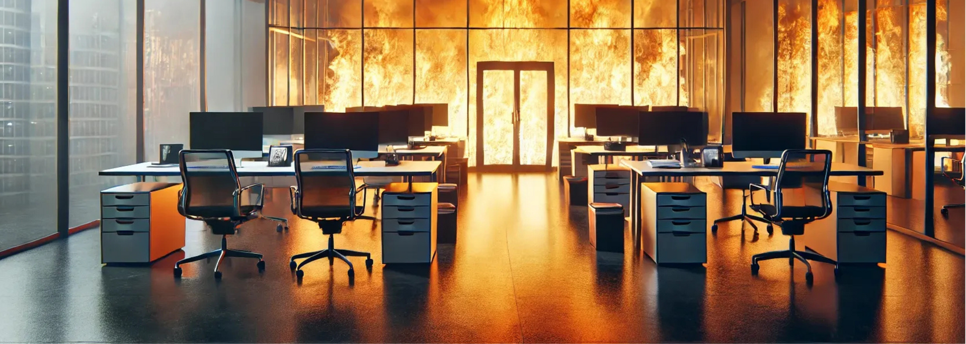 Office desks and chairs, a large fire rages outside a window.