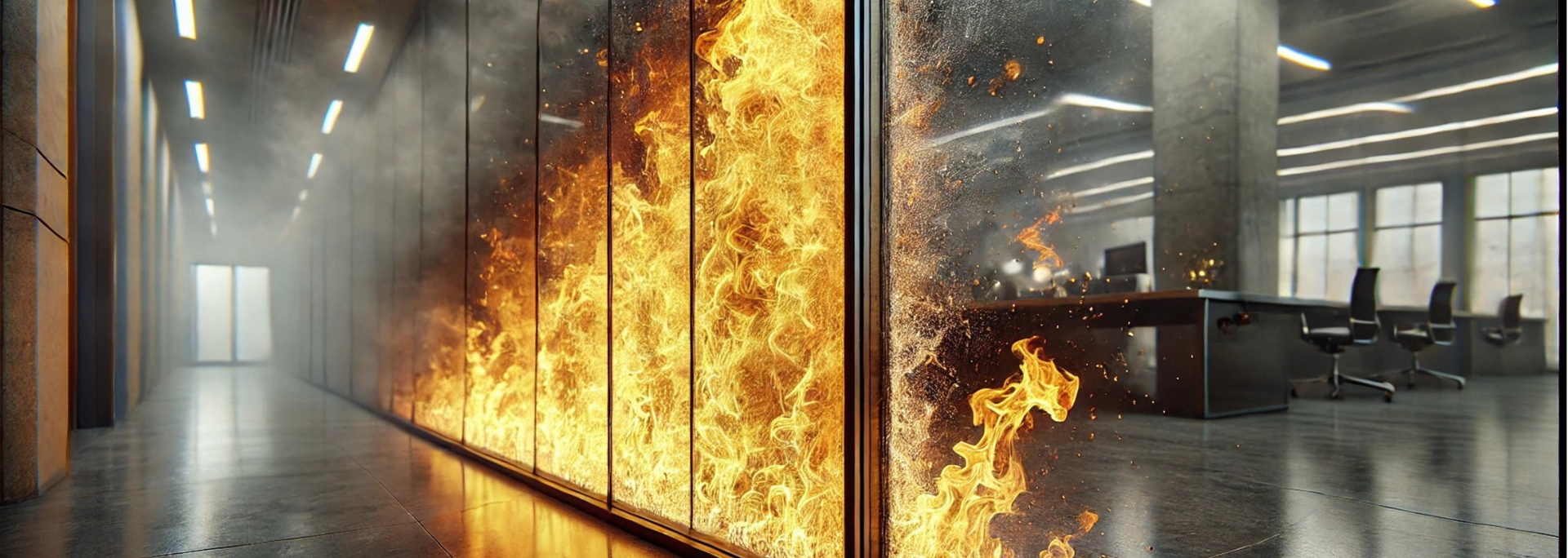 Fire raging behind glass walls in a modern office building hallway. Smoke fills the air.