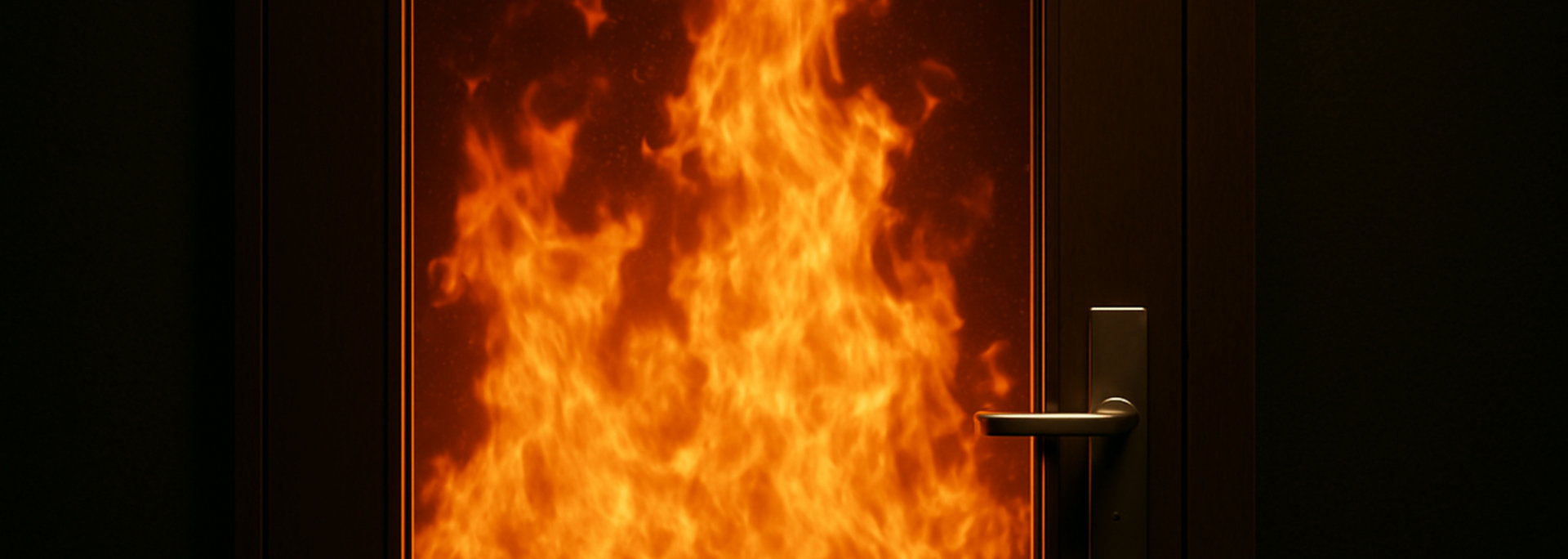 Door engulfed in flames, handle visible. Dark room contrasts with the bright orange and yellow fire.