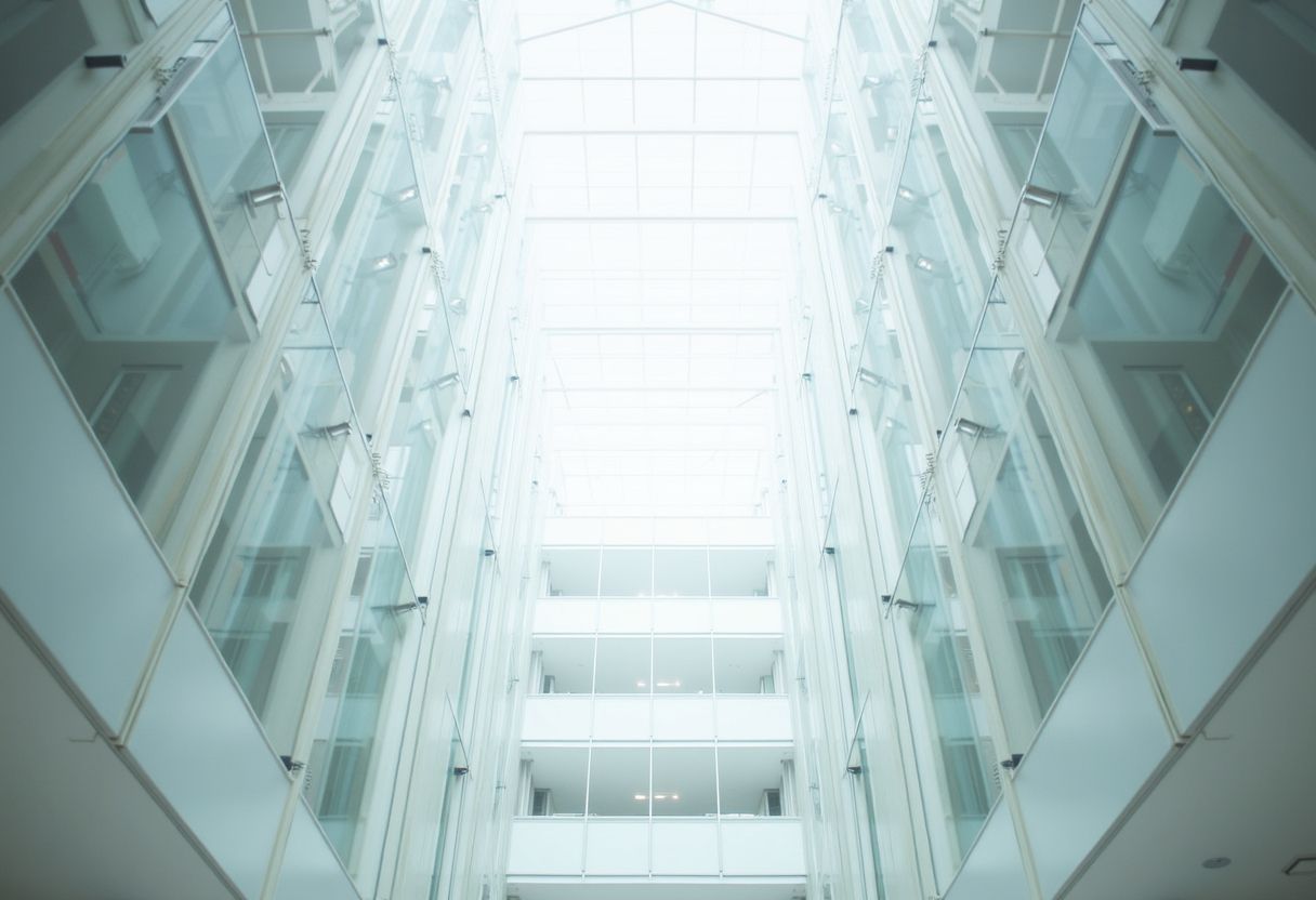 Bright modern atrium with white glass walls and skylight, viewed upward from the center