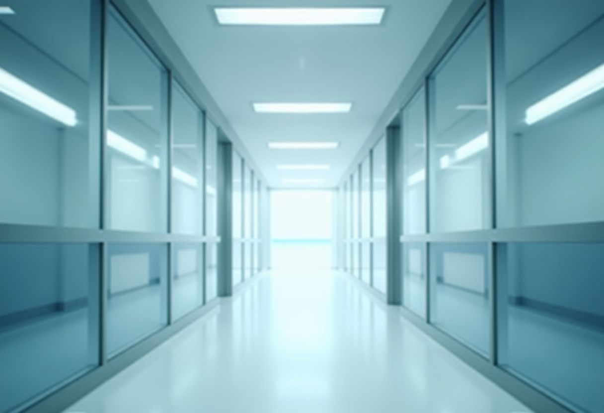 Bright, empty hospital corridor with glass walls and white floors, lit by overhead fluorescent lights