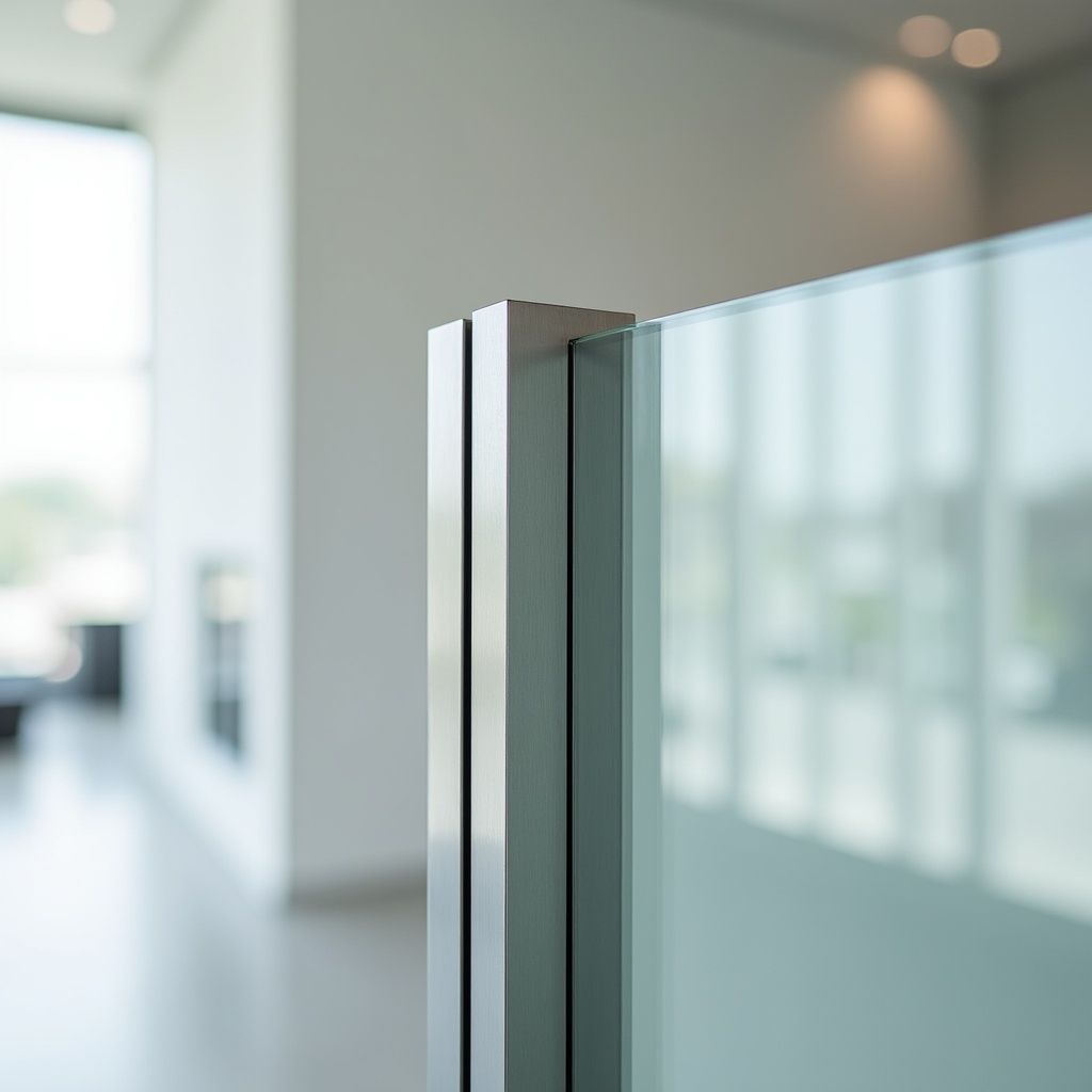 Close-up of a glass partition panel with a metal frame in a bright modern office