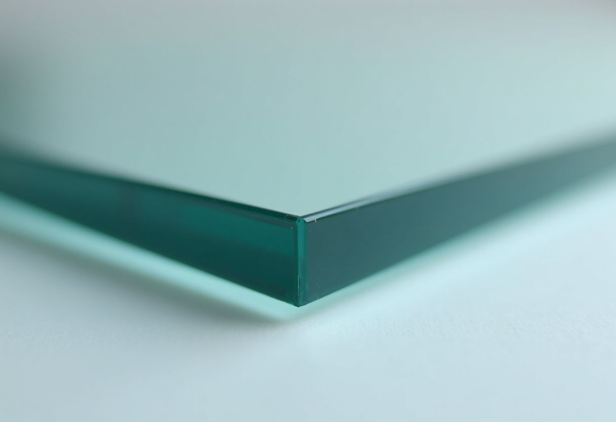 Close-up of a turquoise glass corner on a white surface