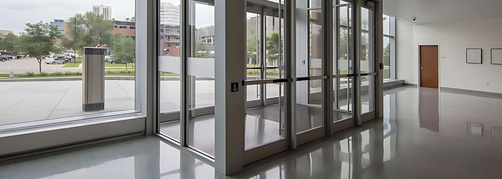 Glass doors lead into a modern building with a shiny, reflective floor. A brown door and empty frames are visible.