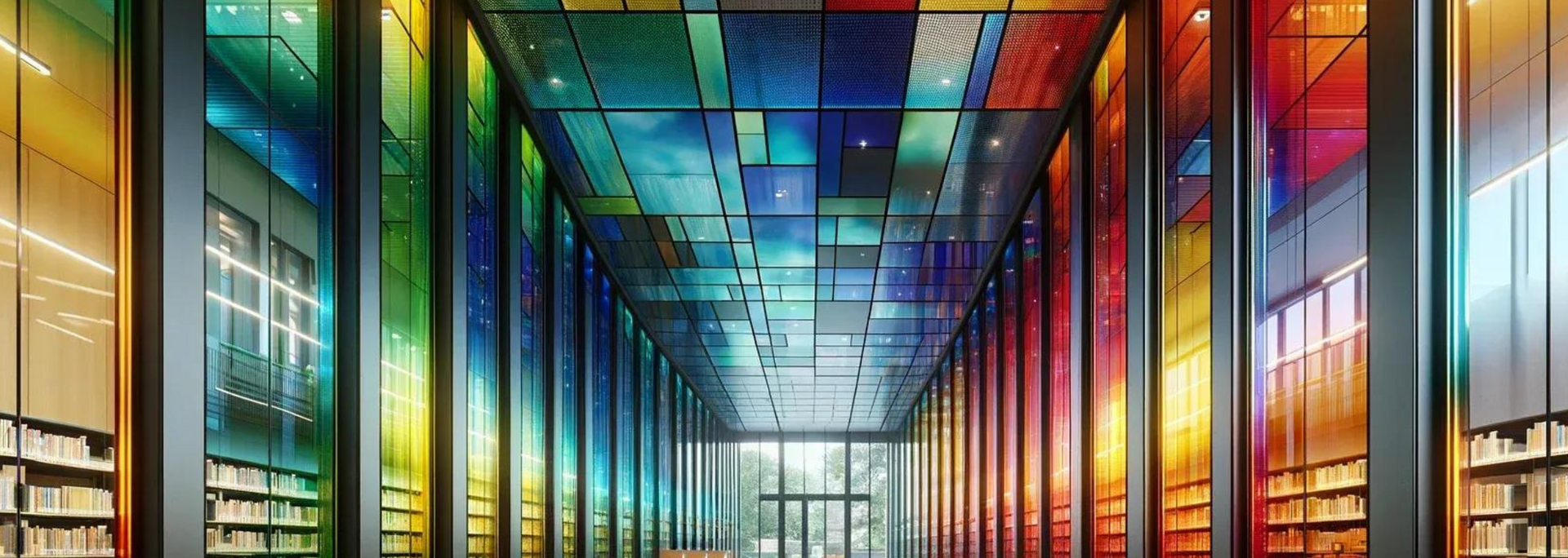 A colorful library hallway with stained-glass ceiling and walls, lined with bookshelves.