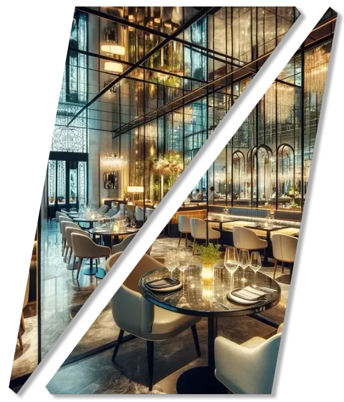 Elegant restaurant interior with gold lighting, tall windows, and tables set for dining