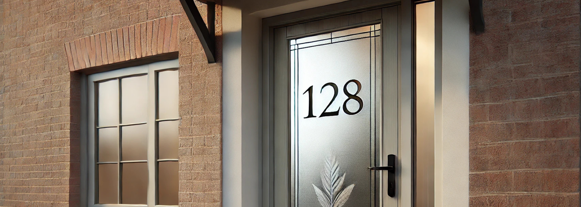 Exterior door with address 128 on frosted glass panel, flanked by brick wall and window.