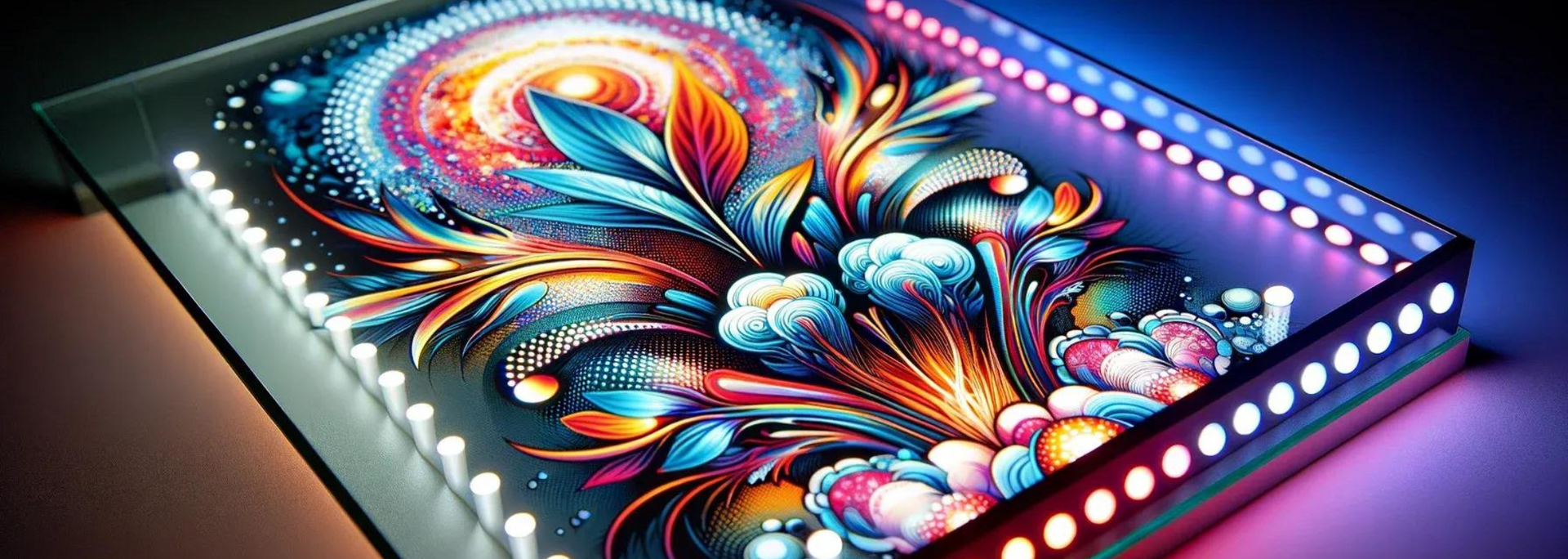 Rectangular LED art piece with colorful floral design. The LEDs are white on one side, and red/blue on the other.