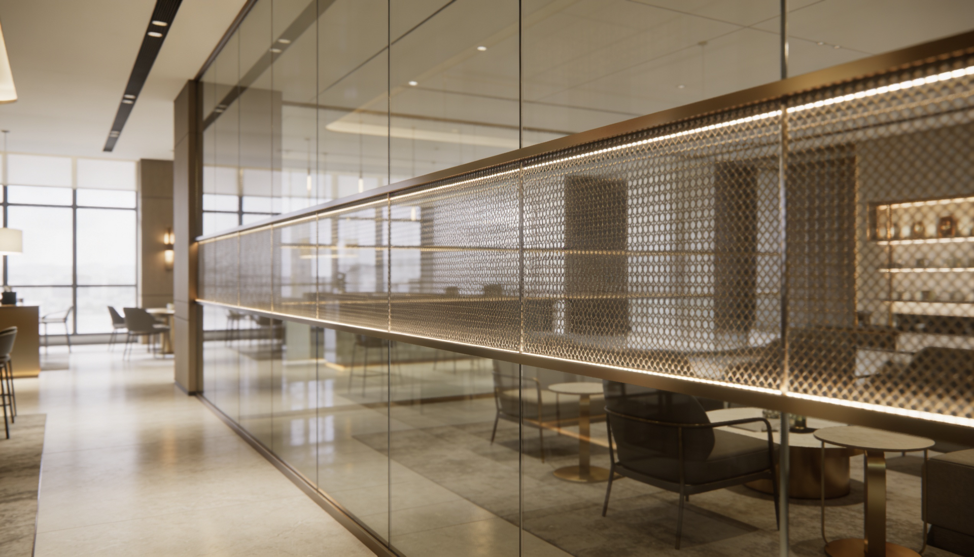 Bright, empty hospital corridor with glass walls and white floors, lit by overhead fluorescent lights