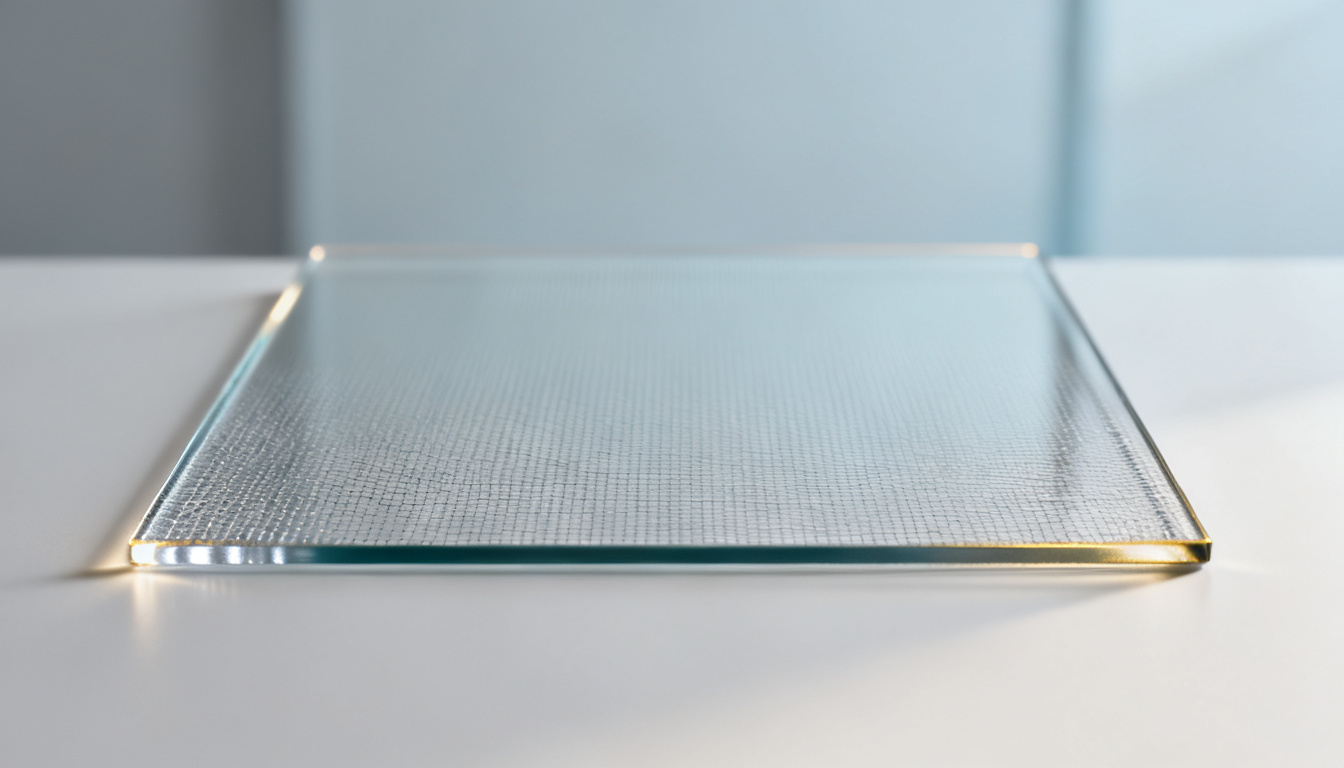 Close-up of a turquoise glass corner on a white surface