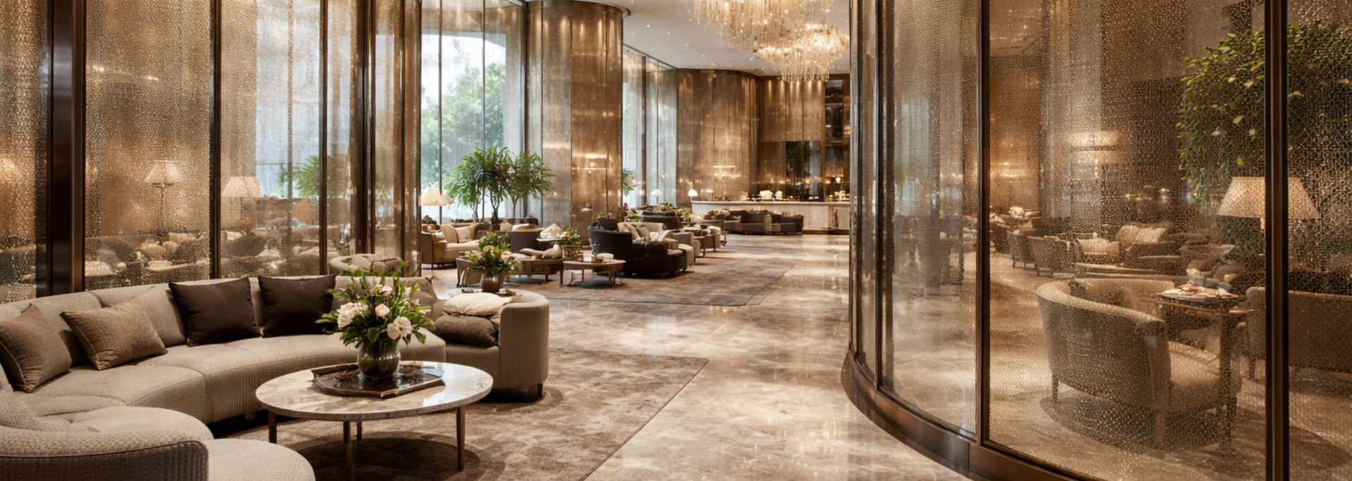 Picture of Mesh-laminated glass in a hotel lobby. Picture of Mesh-laminated glass in a hotel lobby.