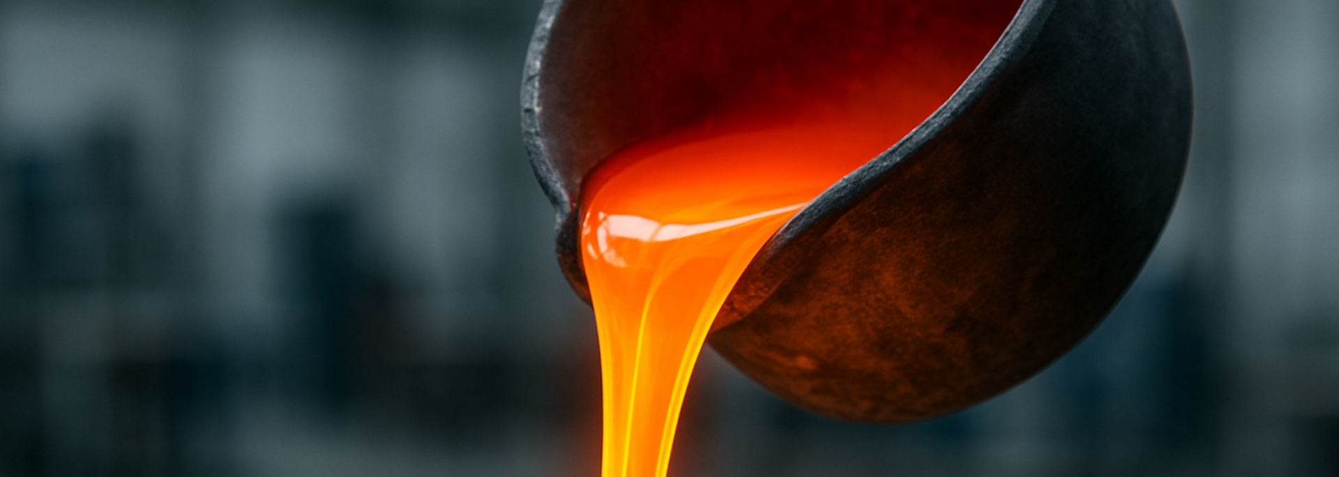 Molten metal pouring from a crucible, glowing orange against a blurred industrial backdrop.