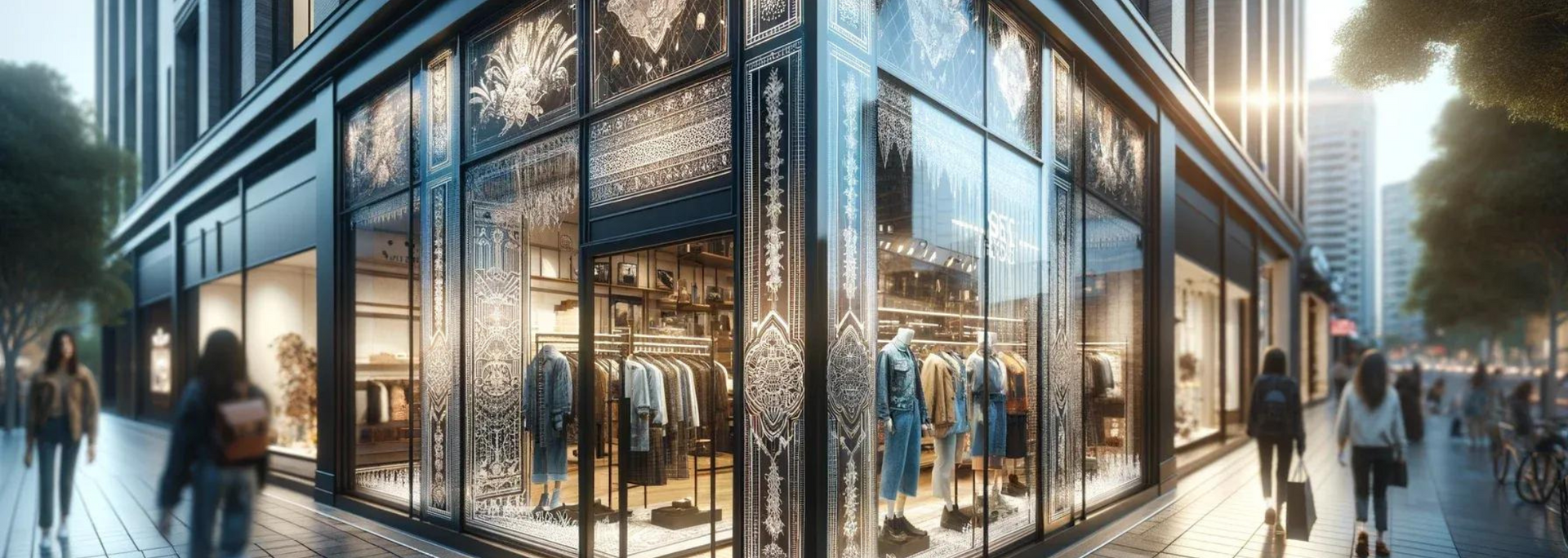 A modern storefront with glass windows displays clothing racks. People walk along the sidewalk.