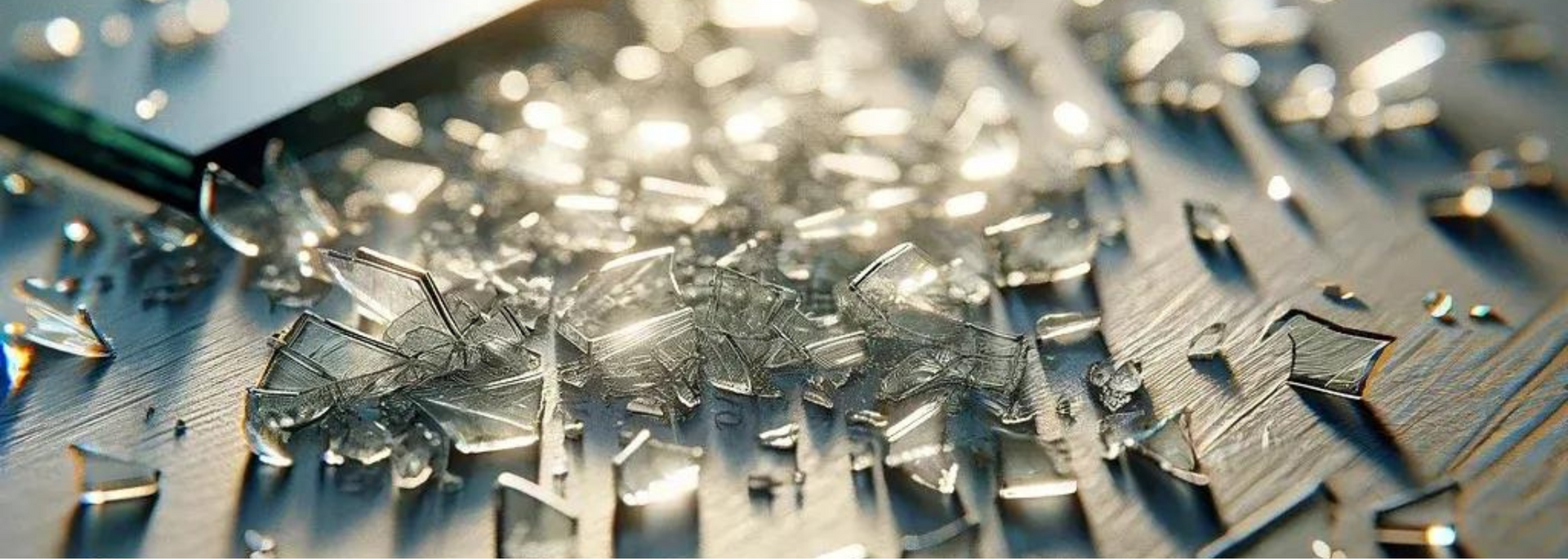 Shattered glass on a textured metal surface, with bright highlights reflecting off the shards.