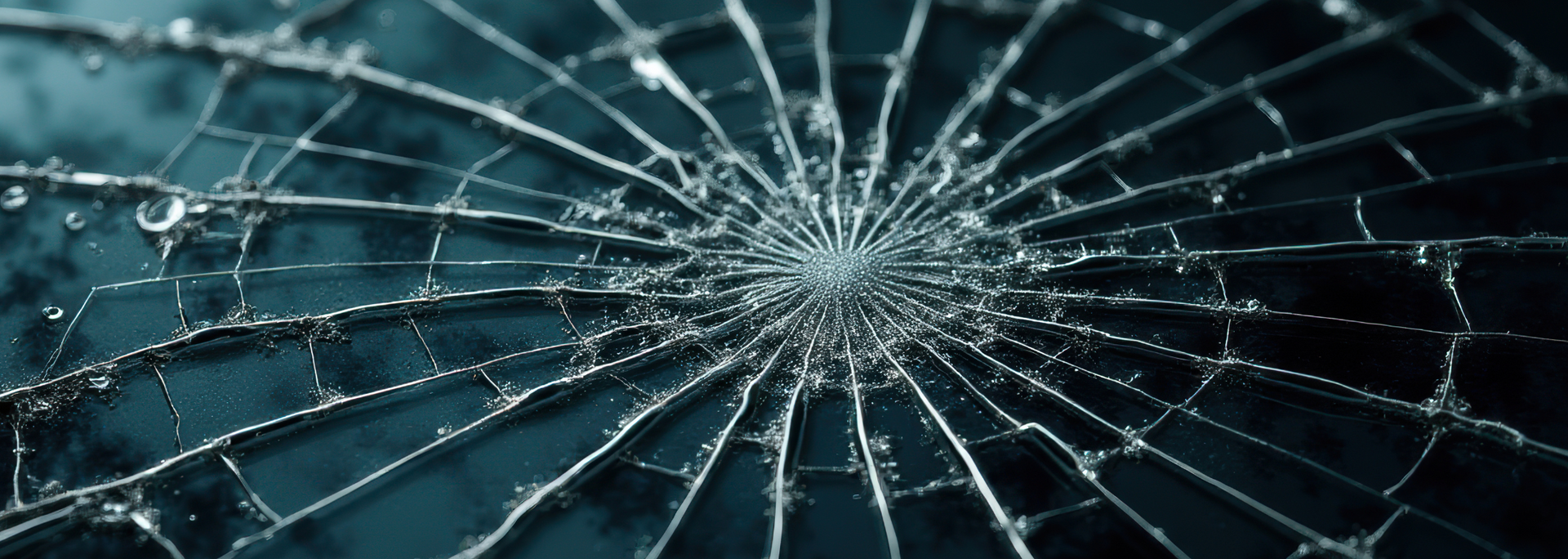 Cracked glass with a web-like pattern, teal background.