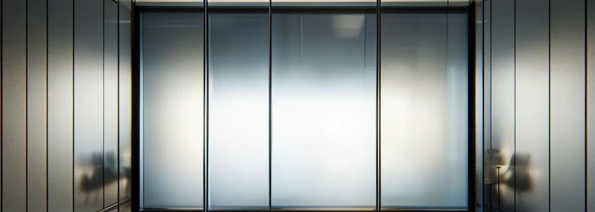 Elevator with frosted glass doors and metallic panels. Bright light filters through the doors.