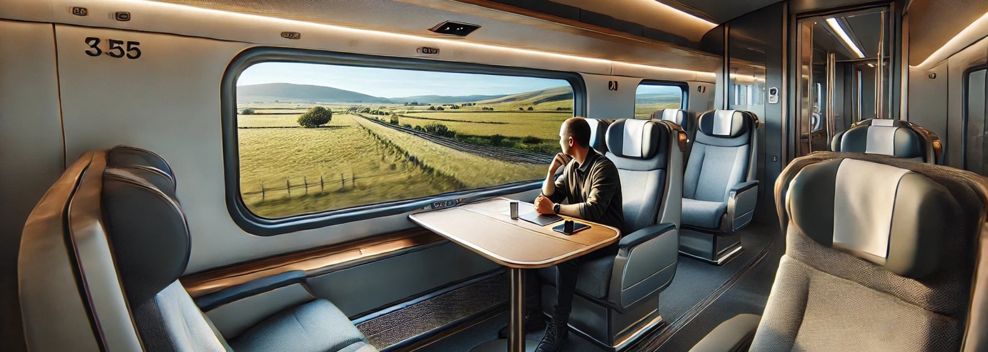 Interior of a luxury train car with a man looking out the window at a landscape.