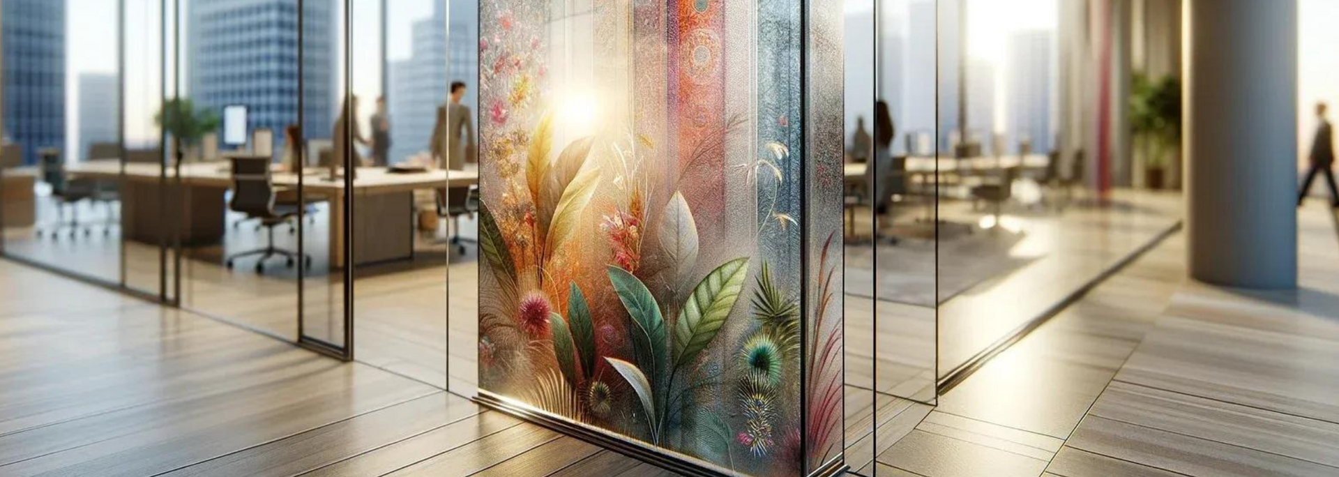 Modern office with decorative glass panels featuring colorful floral artwork.