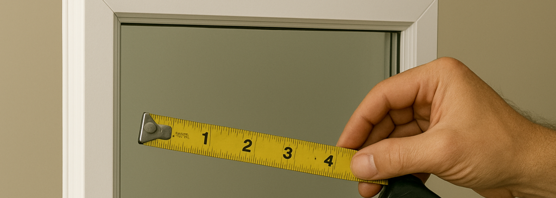 Hand measuring window with yellow tape measure.