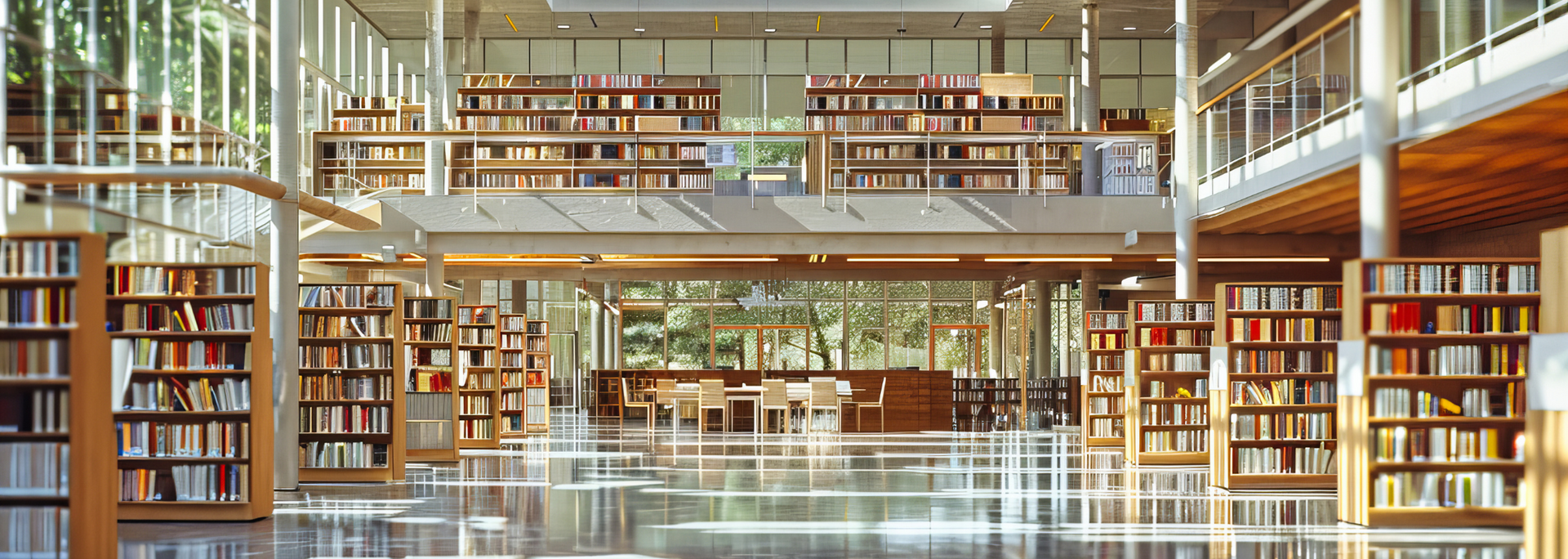 Interior of a modern library with tall bookshelves, glass walls, and a reading area in the center.