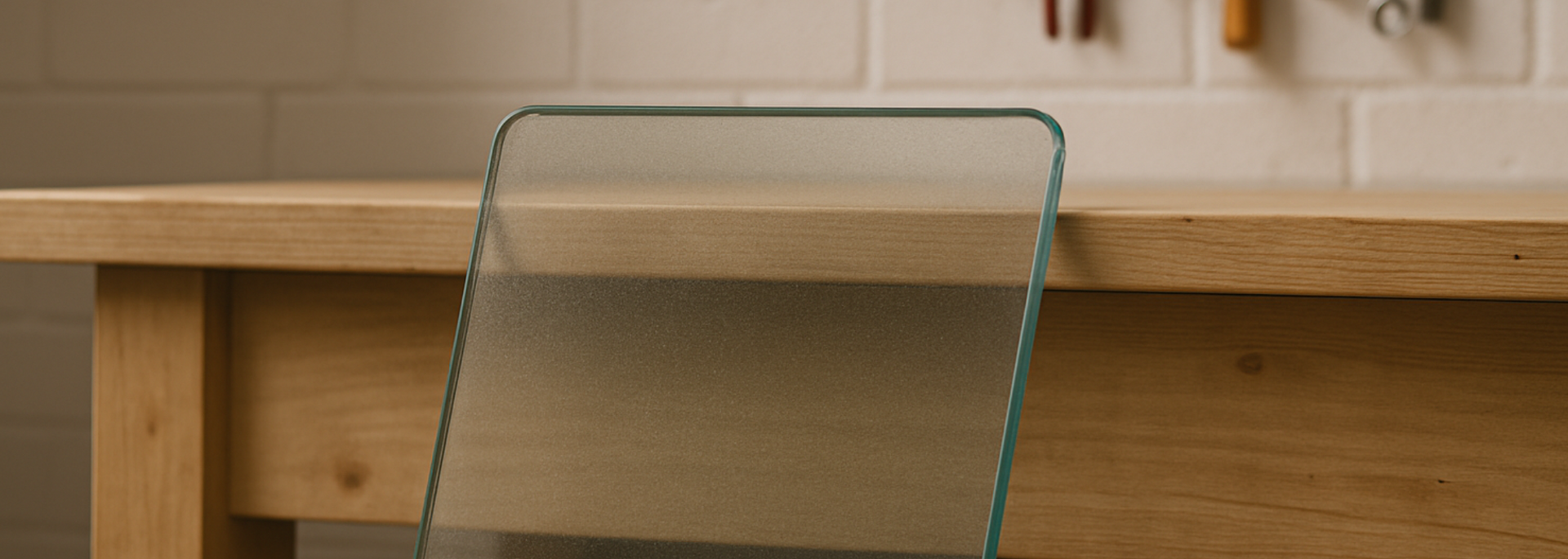 Glass cutting board on a wooden countertop with kitchen tools in the background.