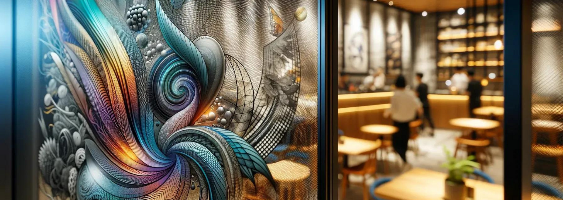 Colorful abstract art on glass, looking into a coffee shop with customers and tables.