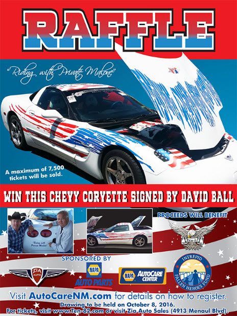 A poster for a raffle with a chevy corvette signed by david ball | Zia Automotive