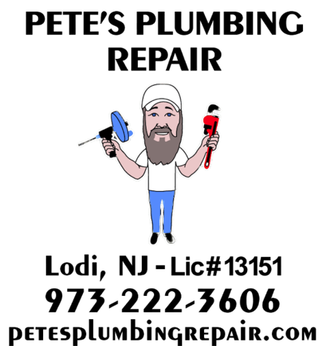 A man with a beard is holding a pipe wrench and a drain cleaner.