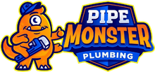 A logo for pipe monster plumbing with a monster holding a wrench.