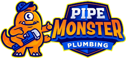 The logo for pipe monster plumbing is blue and orange.