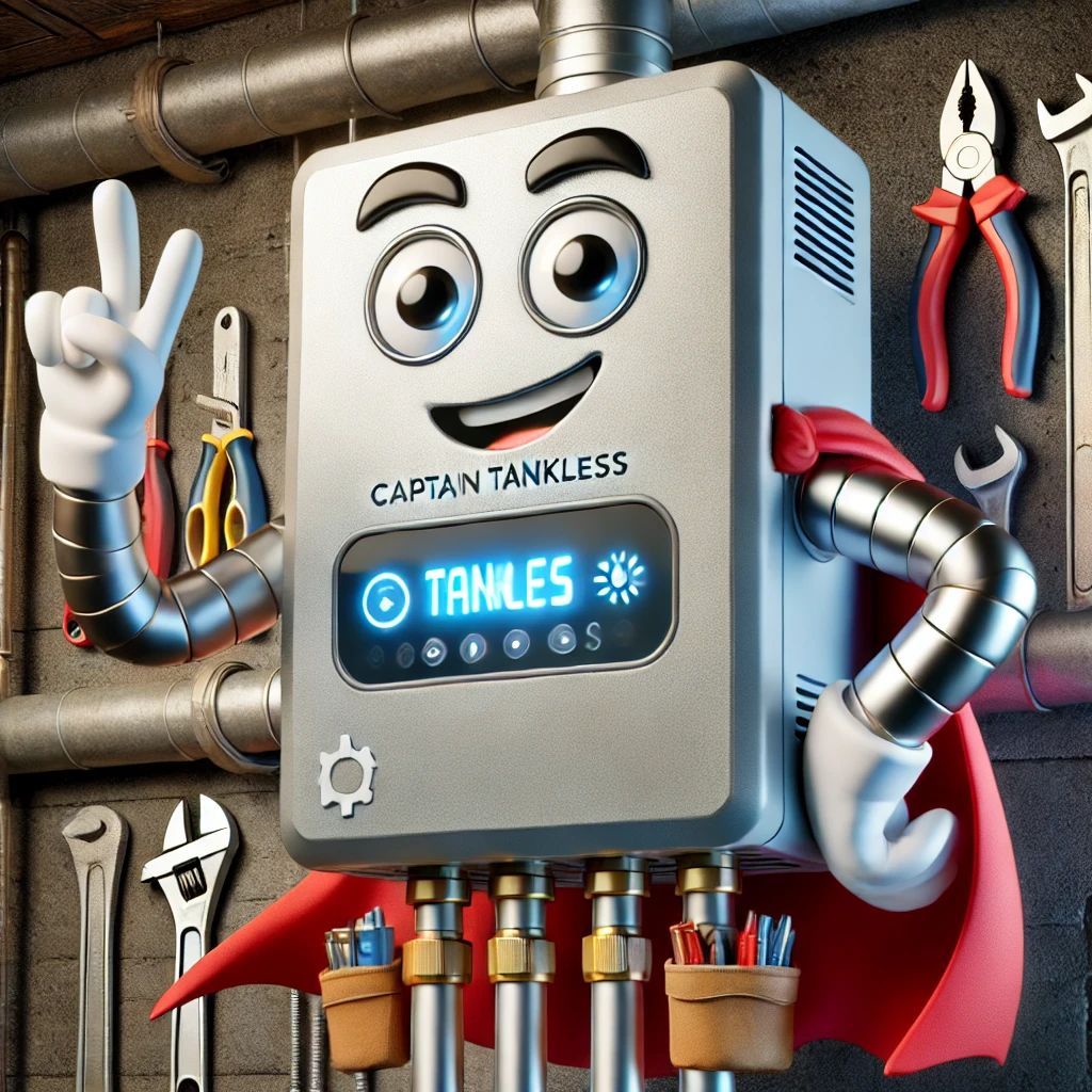 Captain Tankless, a smiling cartoon water heater, giving a peace sign. In a workshop setting with tools.