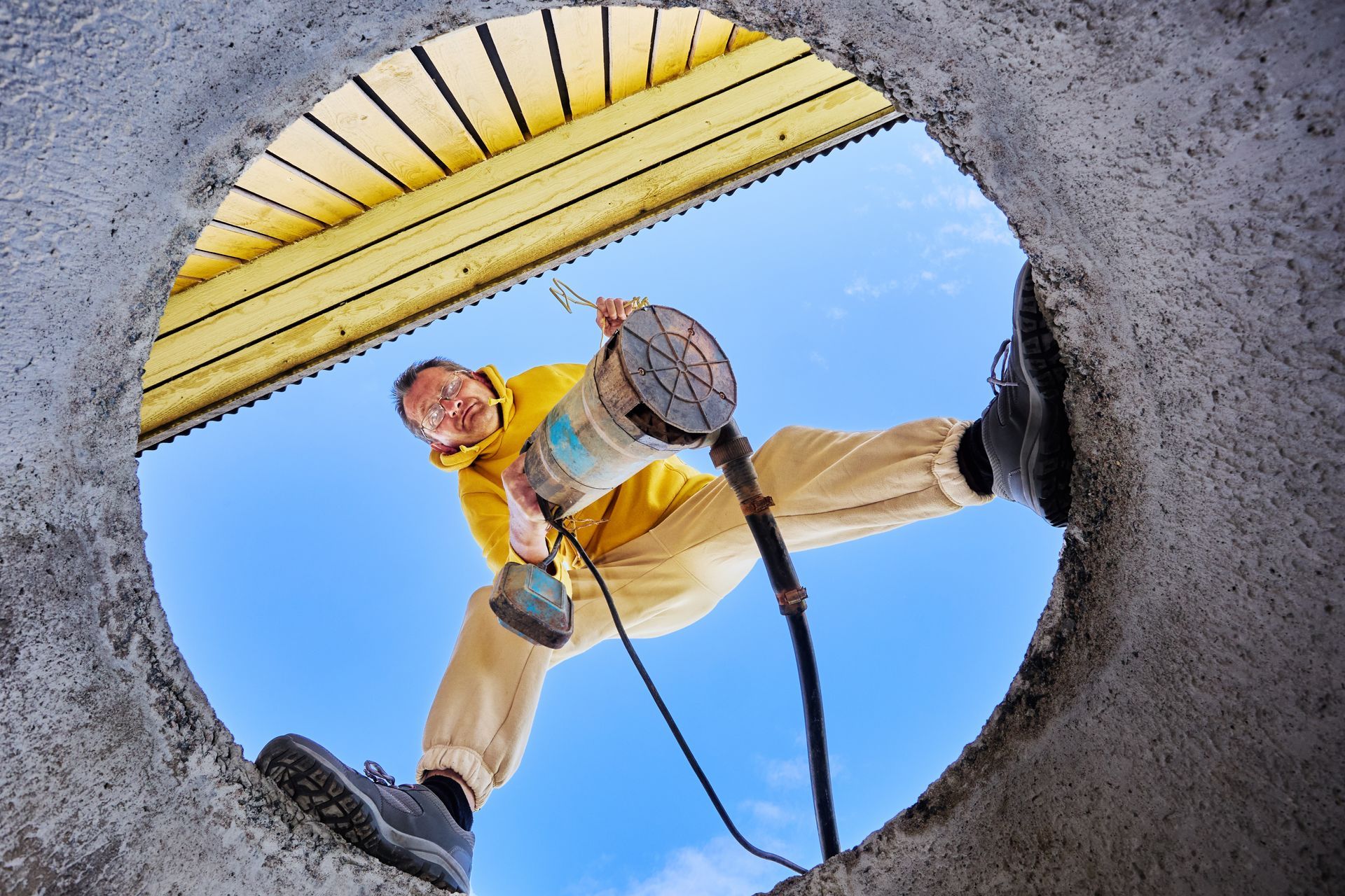A man is using a vacuum cleaner in a hole in a wall.