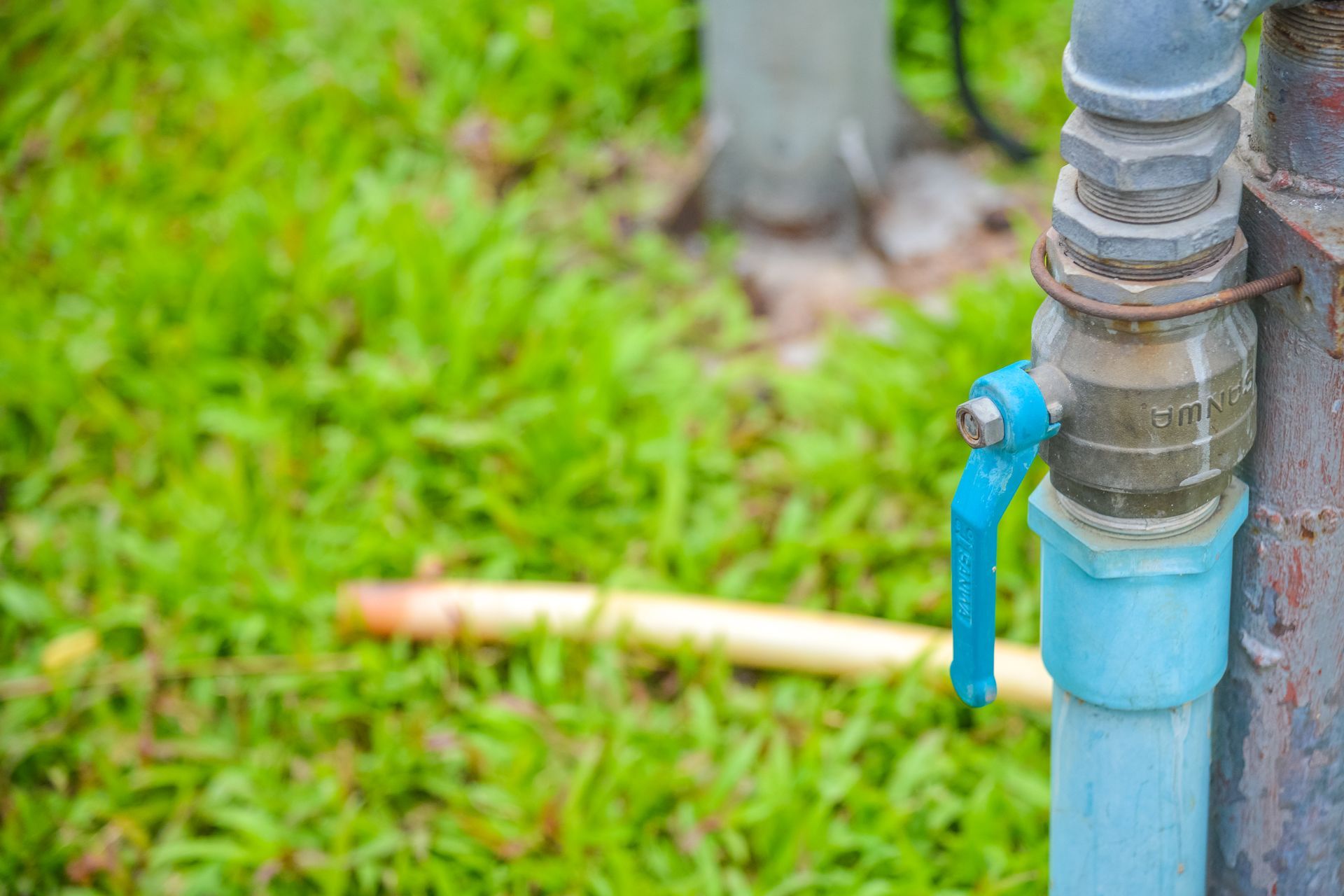 A close up of a blue water valve on a pipe in the grass.