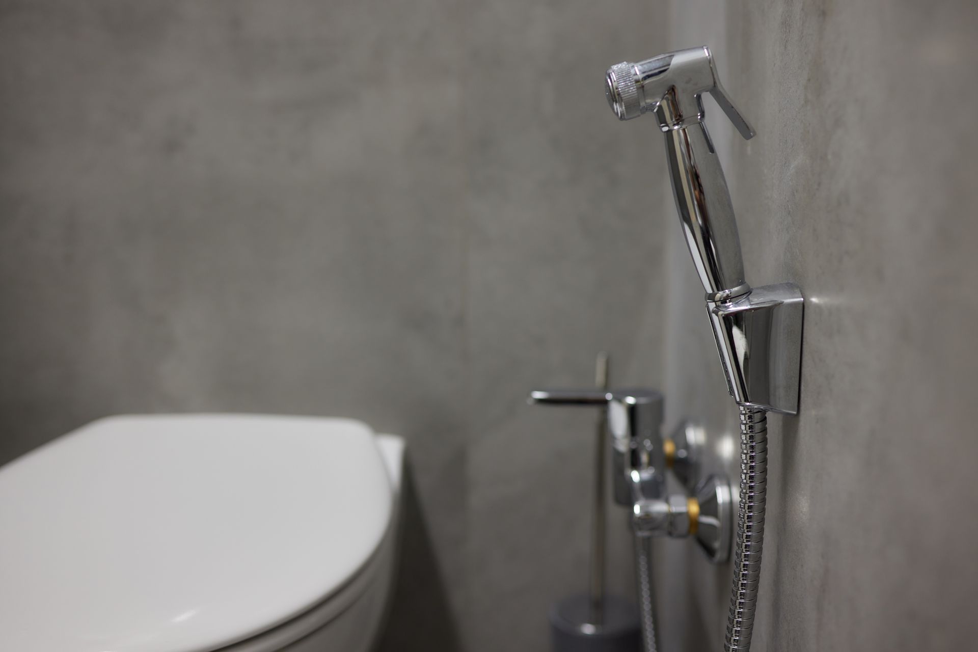 A toilet with a bidet attached to it in a bathroom.