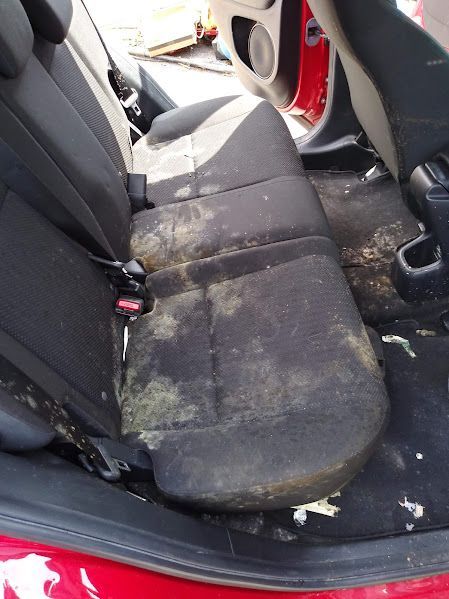 A dirty car seat in a red car