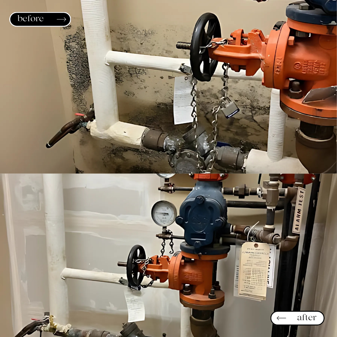 A before and after picture of a fire hydrant in a room.