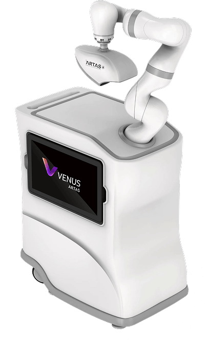 White aesthetic Venus ARTAS iXI robot with articulated arm, touchscreen interface.