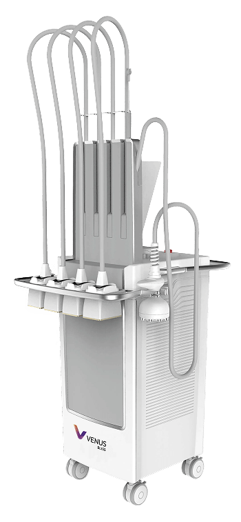 Venus Bliss medical device on wheels, for skin treatments, with multiple attachments and cords.