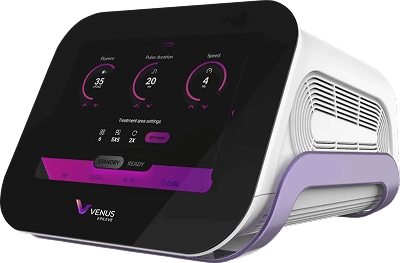Venus Epileve us a modern aesthetic device with a touchscreen interface displaying settings. The device is white and purple.
