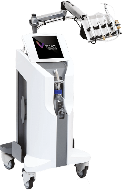 Venus Bliss medical device. White and gray machine with attached hoses and a touchscreen, on wheels.