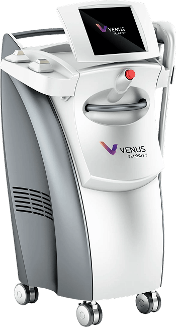 Venus Velocity medical aesthetic machine with a touchscreen, grey and white.