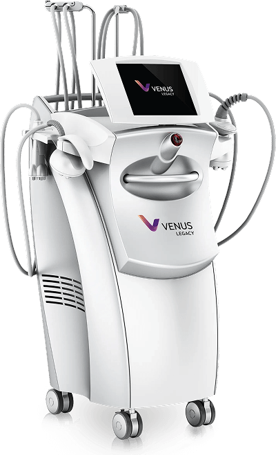 White Venus Versa medical device with various applicators and touchscreen interface.